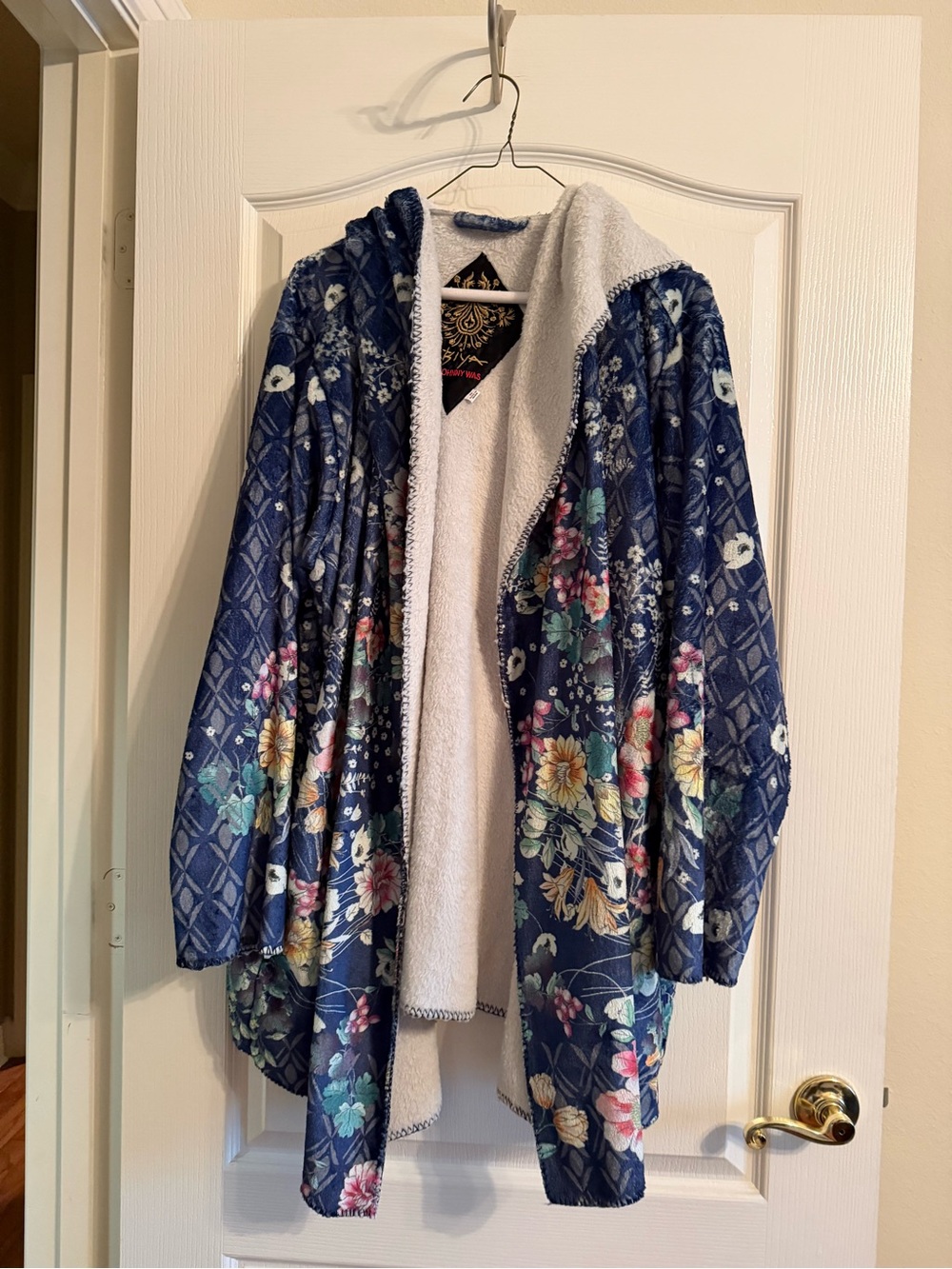 Johnny Was Navy Floral Hooded Sherpa Lined Jacket